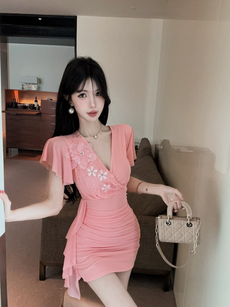 실사 쇼트 스타일 구슬 조각 패치워크 망사 타이트 스커트 드레스 이미지 4