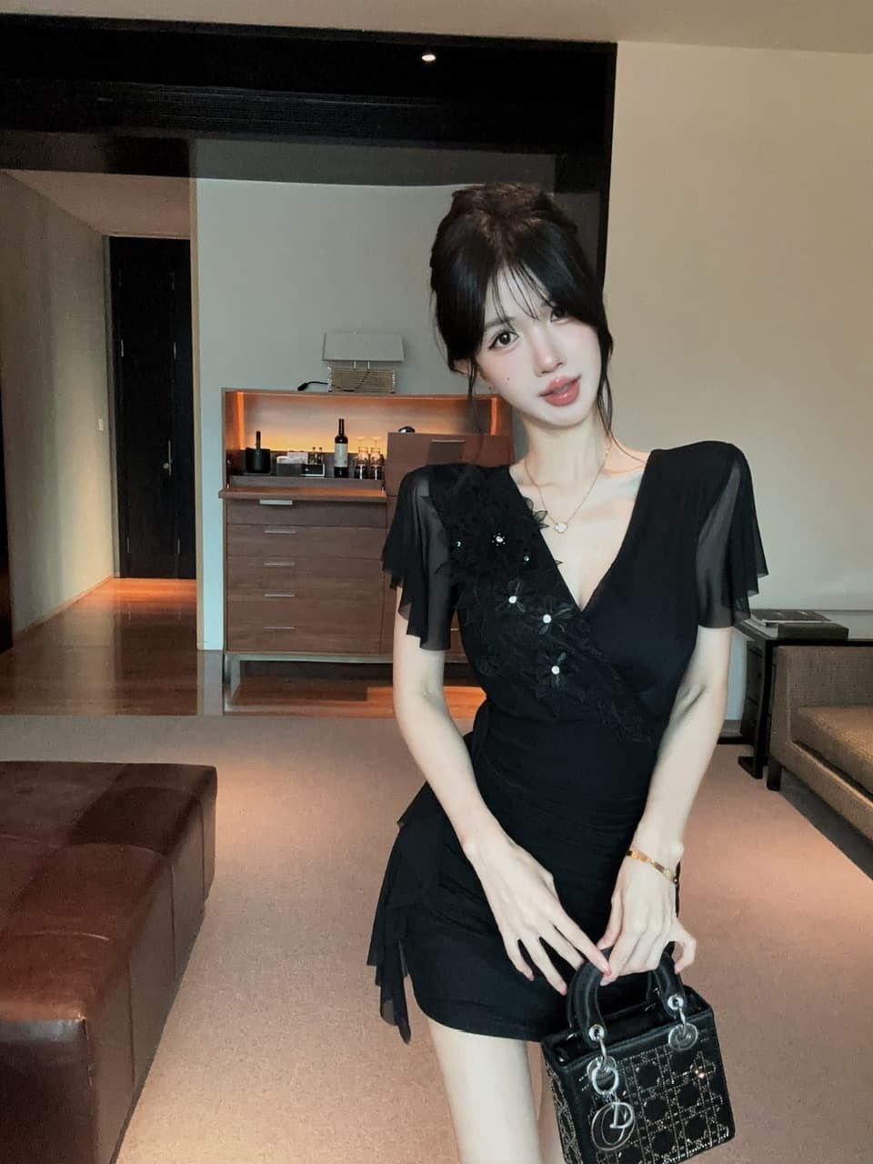 실사 쇼트 스타일 구슬 조각 패치워크 망사 타이트 스커트 드레스 상세 이미지 11