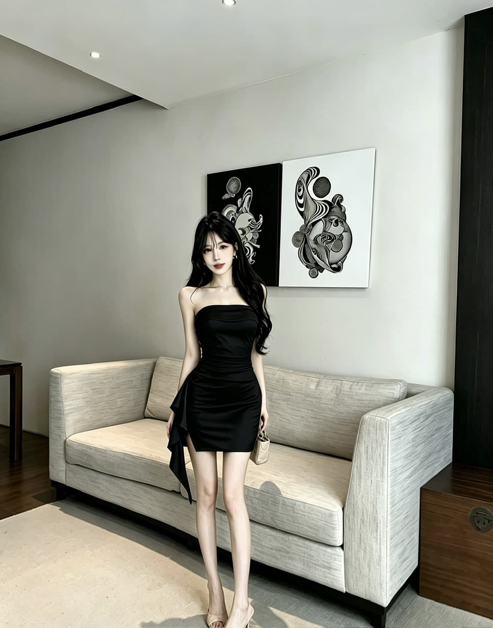실사 쇼트 스타일 튜브탑 드레스 복장 상세 이미지 2