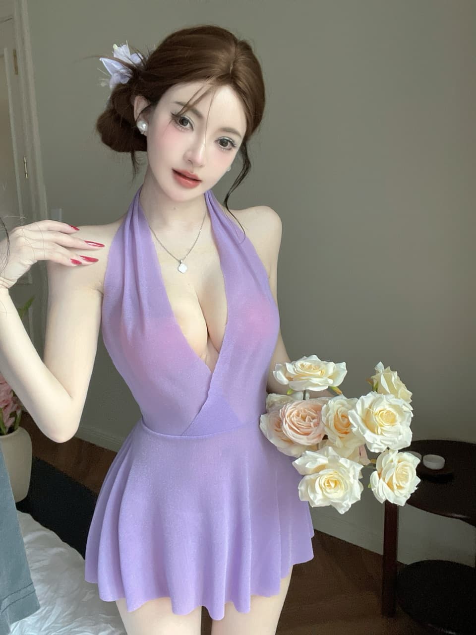 실사 쇼트 스타일 시스루 드레스 상세 이미지 10