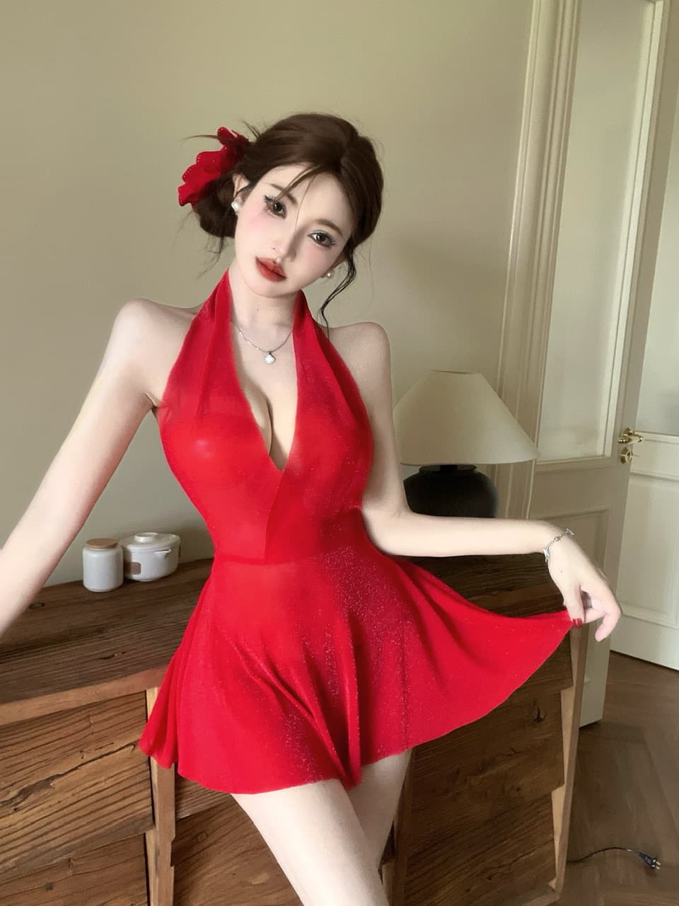 실사 쇼트 스타일 시스루 드레스 상세 이미지 17