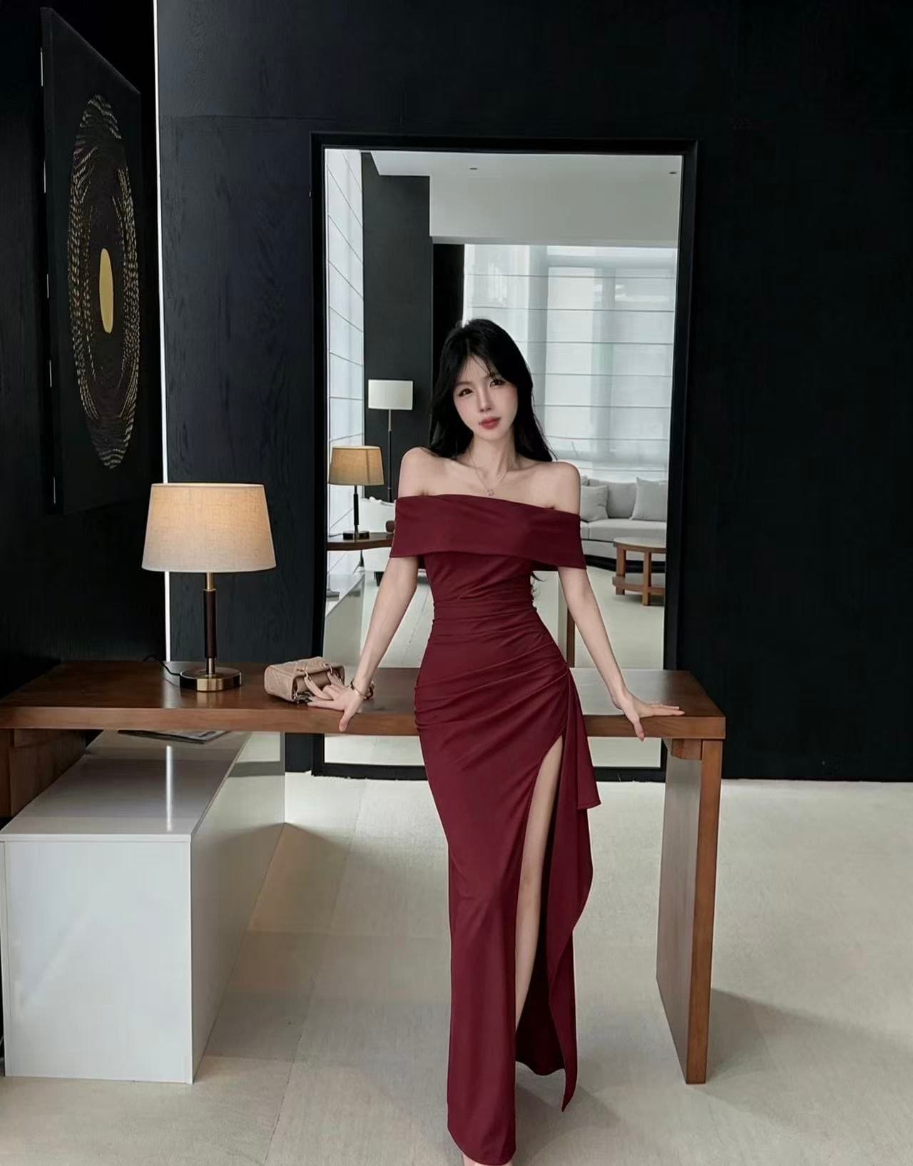실사 롱 코트 높음 트임 보트넥 드레스 이미지 3