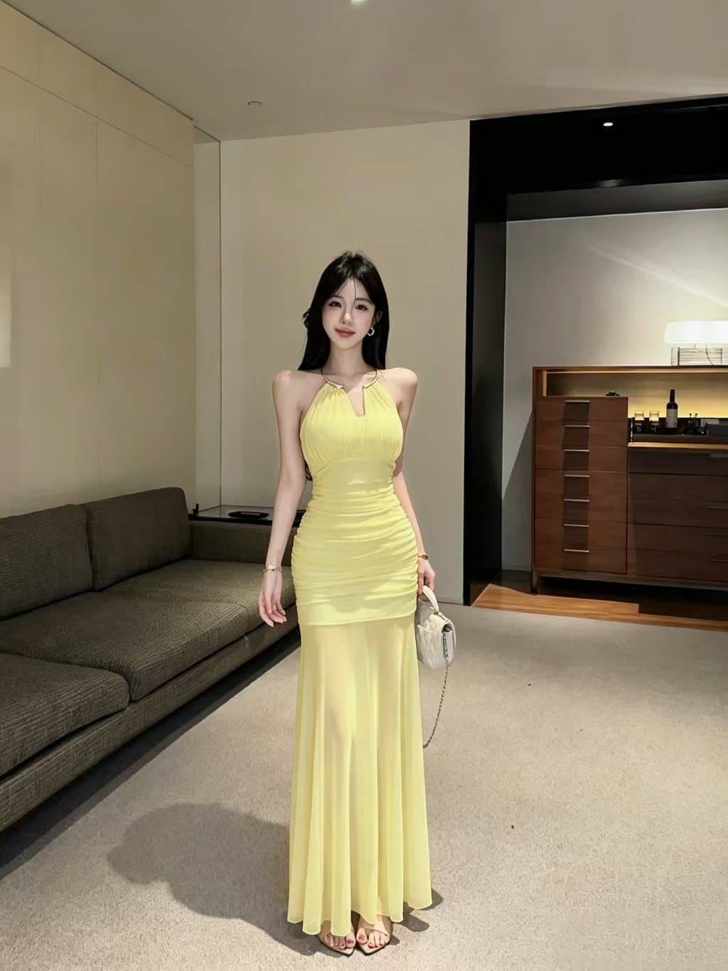실사 롱 코트 망사 행침 목 드레스 이미지 4