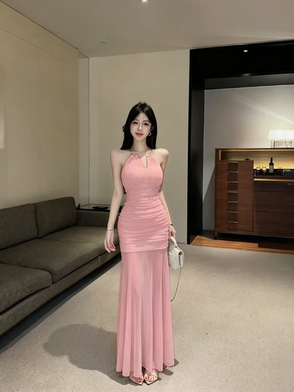 실사 롱 코트 망사 행침 목 드레스 상세 이미지 1