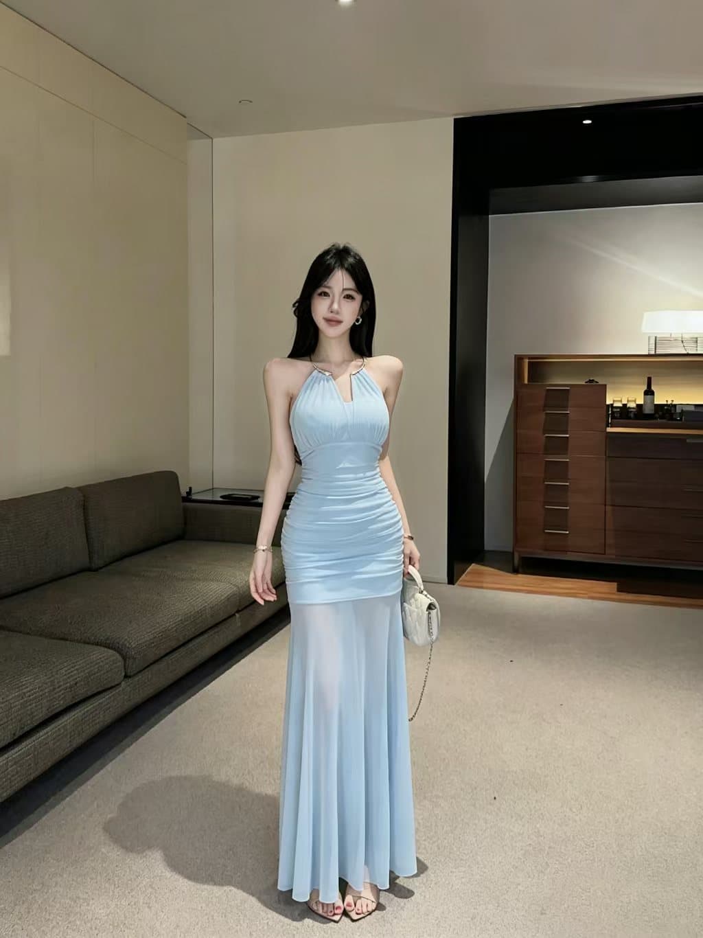 실사 롱 코트 망사 행침 목 드레스 상세 이미지 3