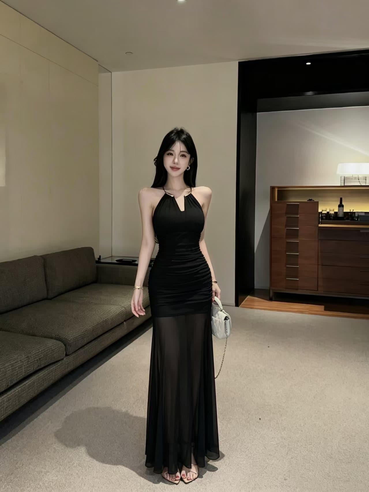실사 롱 코트 망사 행침 목 드레스 상세 이미지 5