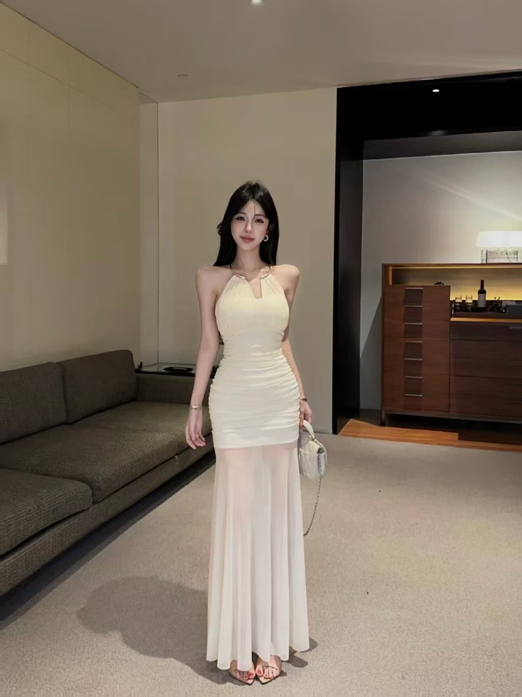 실사 롱 코트 망사 행침 목 드레스 상세 이미지 18