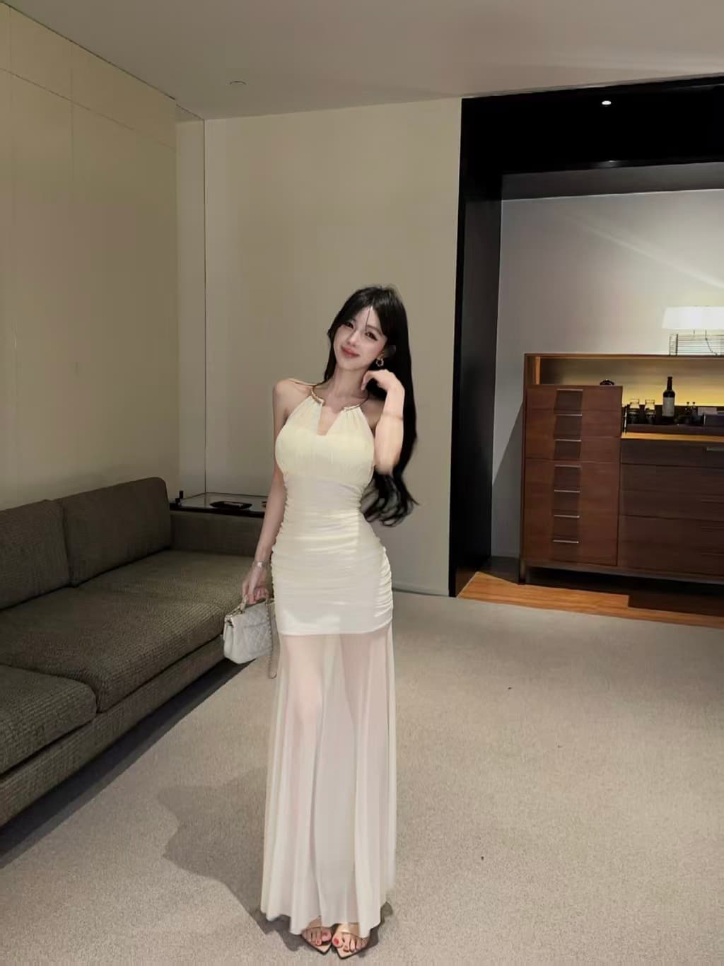실사 롱 코트 망사 행침 목 드레스 상세 이미지 19