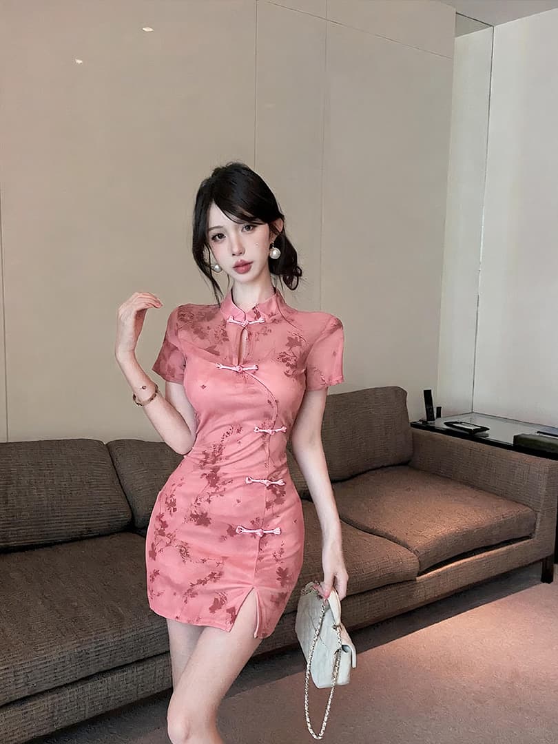 실사 쇼트 스타일 식물 플러시 망사 치파오 드레스 이미지 3