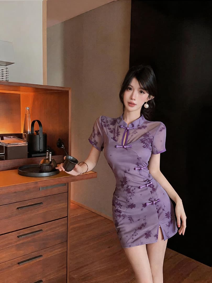 실사 쇼트 스타일 식물 플러시 망사 치파오 드레스 상세 이미지 5
