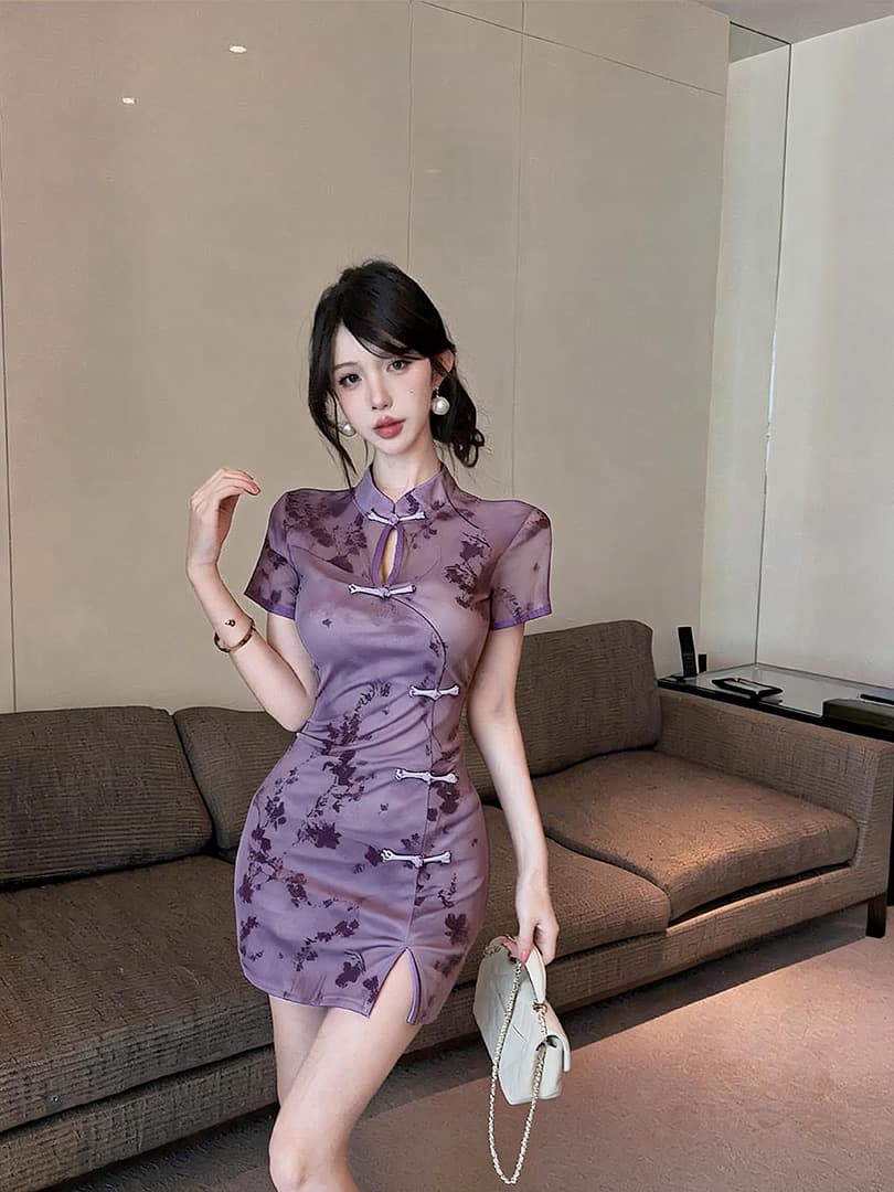 실사 쇼트 스타일 식물 플러시 망사 치파오 드레스 상세 이미지 6