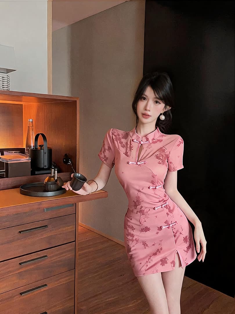 실사 쇼트 스타일 식물 플러시 망사 치파오 드레스 상세 이미지 9