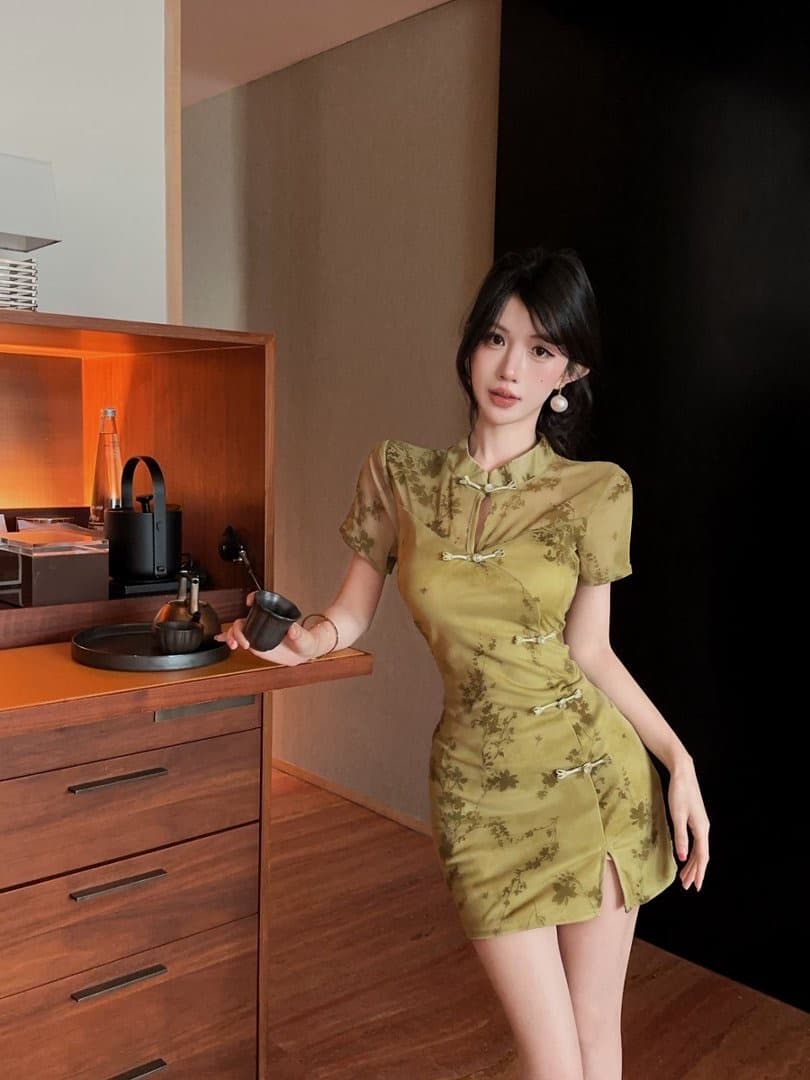 실사 쇼트 스타일 식물 플러시 망사 치파오 드레스 상세 이미지 18