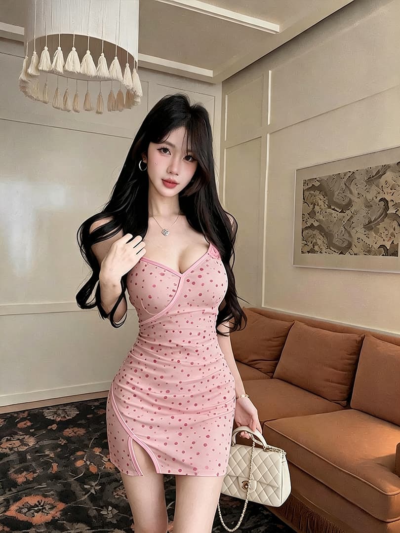 실사 도트 무늬 망사 슬립 드레스 복장 이미지 4