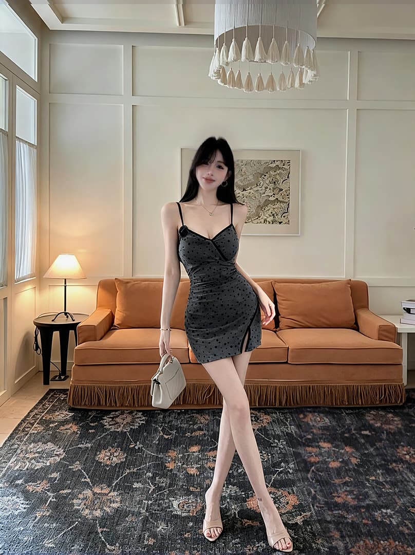 실사 도트 무늬 망사 슬립 드레스 복장 상세 이미지 10