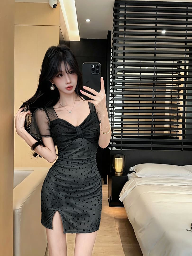 실사 도트 무늬 망사 반팔 드레스 복장 상세 이미지 1