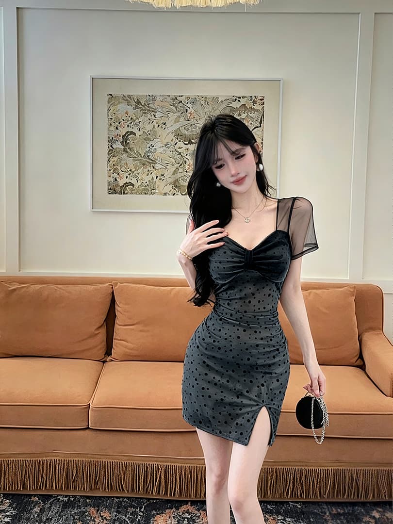 실사 도트 무늬 망사 반팔 드레스 복장 상세 이미지 2