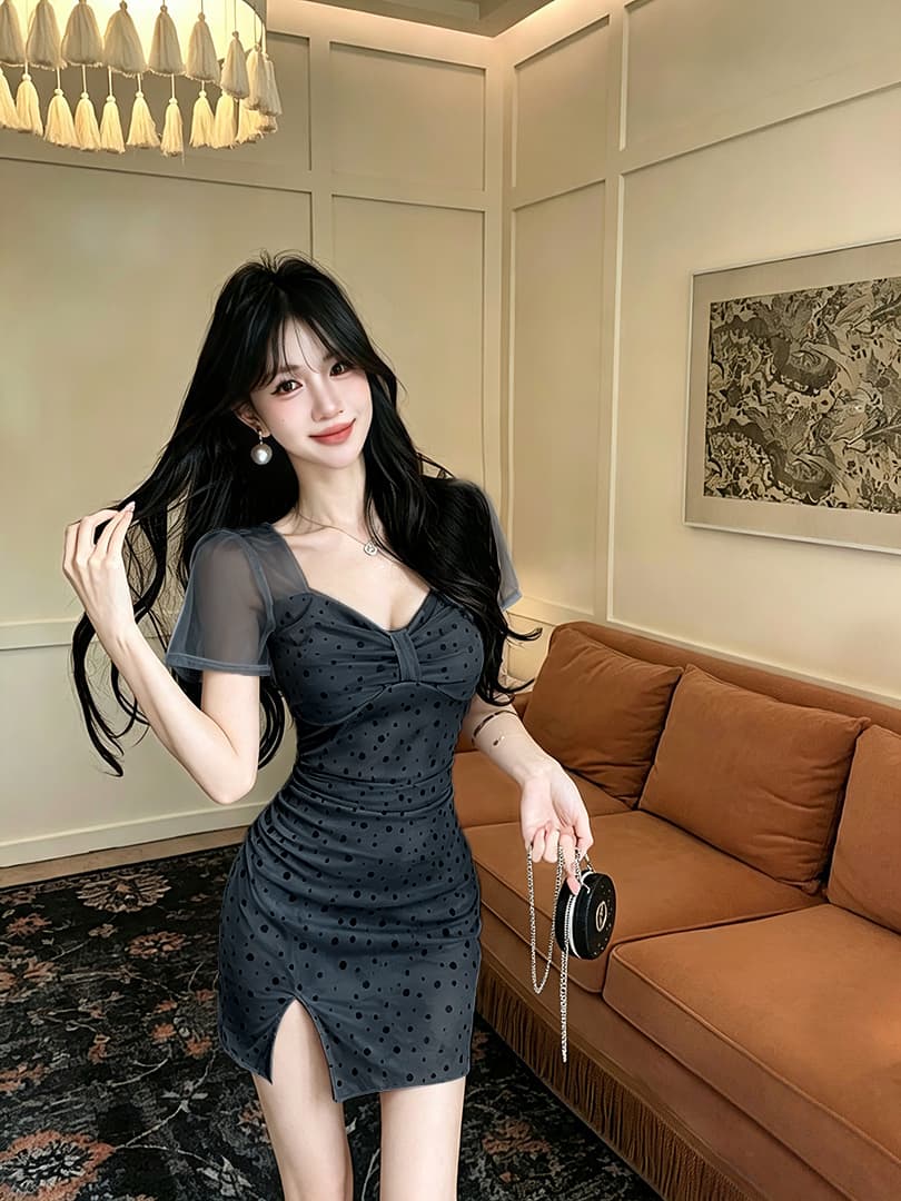 실사 도트 무늬 망사 반팔 드레스 복장 상세 이미지 4