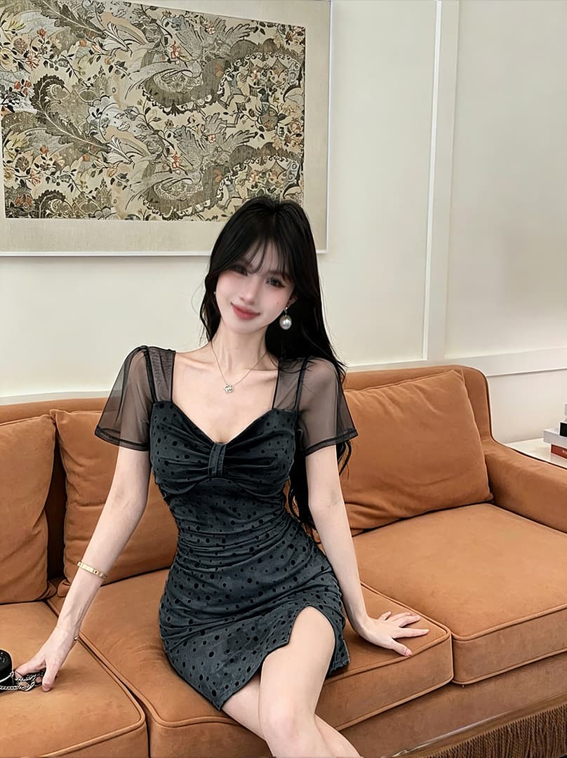 실사 도트 무늬 망사 반팔 드레스 복장 상세 이미지 5