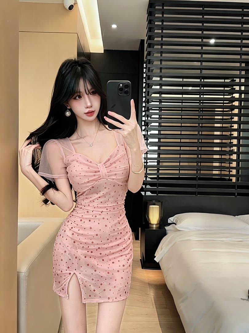 실사 도트 무늬 망사 반팔 드레스 복장 상세 이미지 7