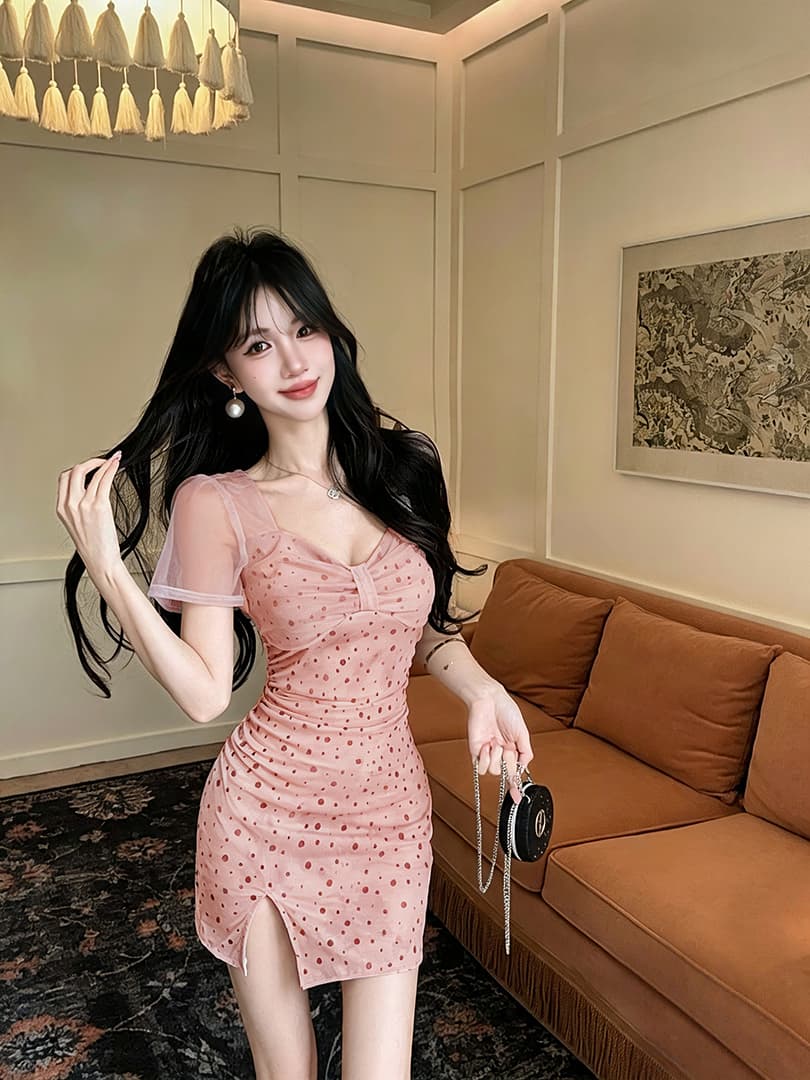 실사 도트 무늬 망사 반팔 드레스 복장 상세 이미지 8