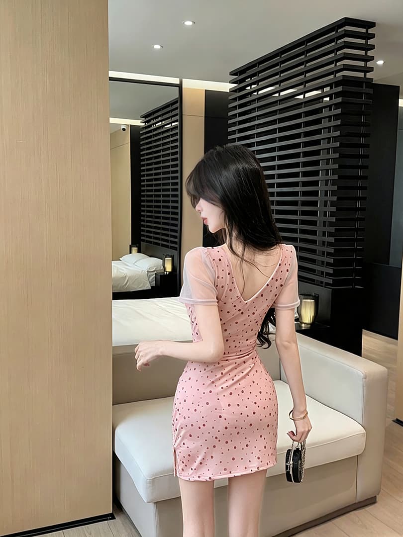 실사 도트 무늬 망사 반팔 드레스 복장 상세 이미지 11