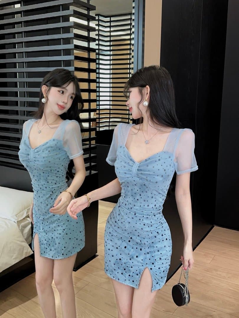 실사 도트 무늬 망사 반팔 드레스 복장 상세 이미지 12