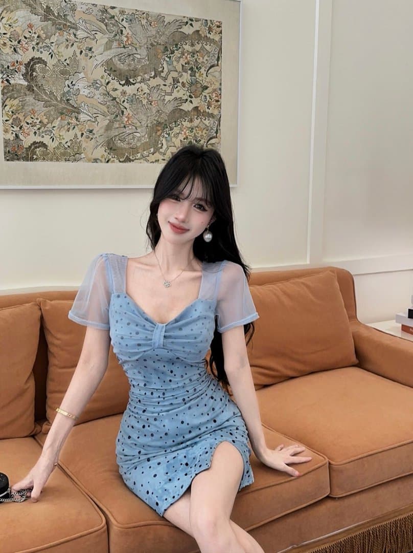 실사 도트 무늬 망사 반팔 드레스 복장 상세 이미지 14