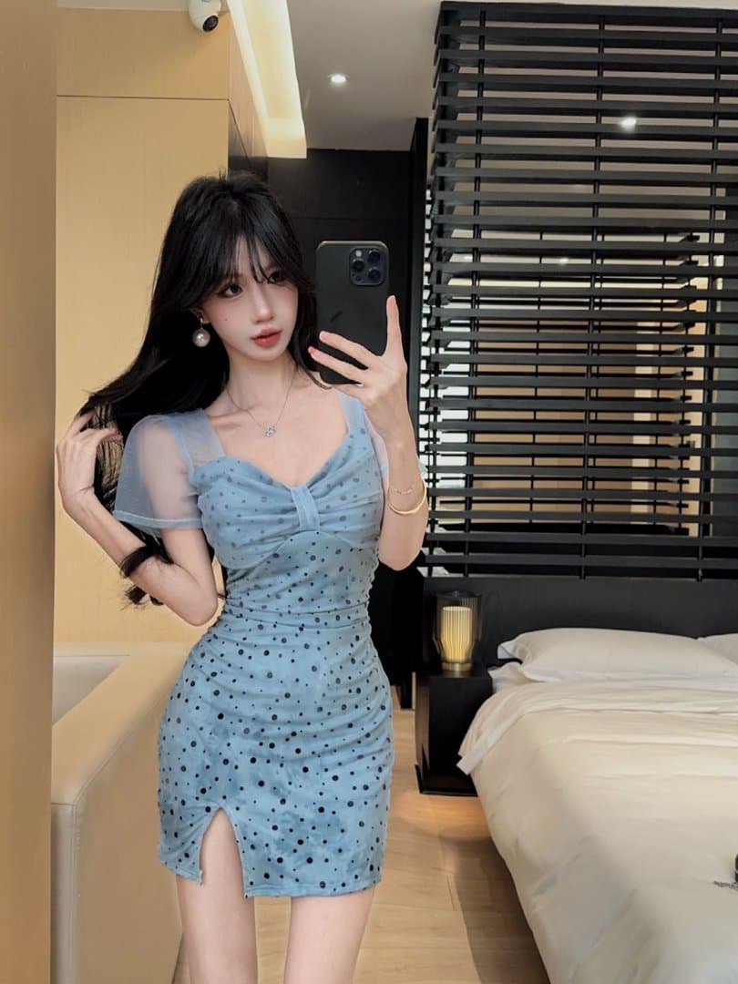 실사 도트 무늬 망사 반팔 드레스 복장 상세 이미지 15