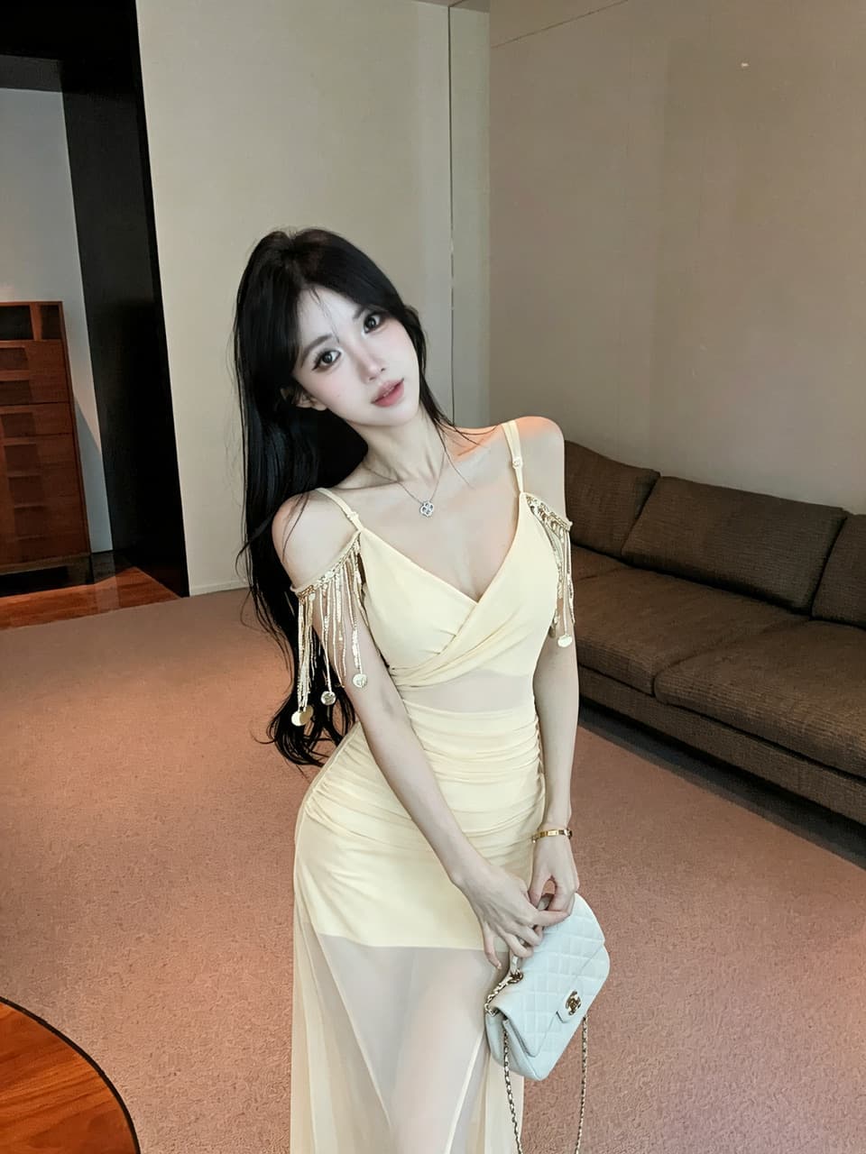 실사 롱 코트 술 패치워크 망사 슬립 드레스 상세 이미지 10