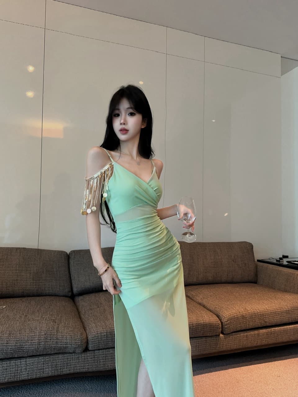 실사 롱 코트 술 패치워크 망사 슬립 드레스 상세 이미지 26