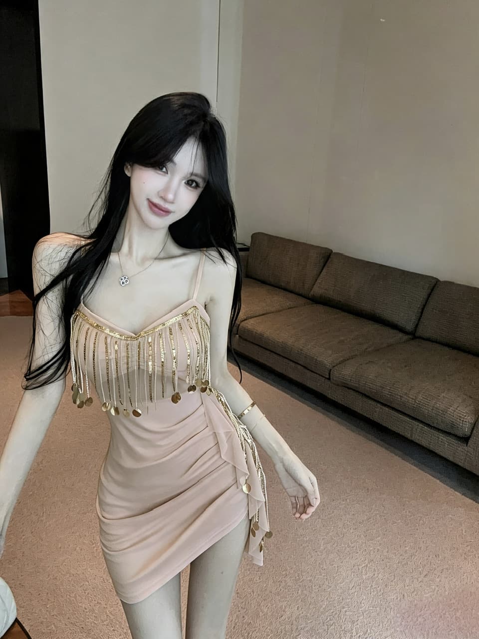 실사 쇼트 스타일 술 망사 슬립 드레스 상세 이미지 7