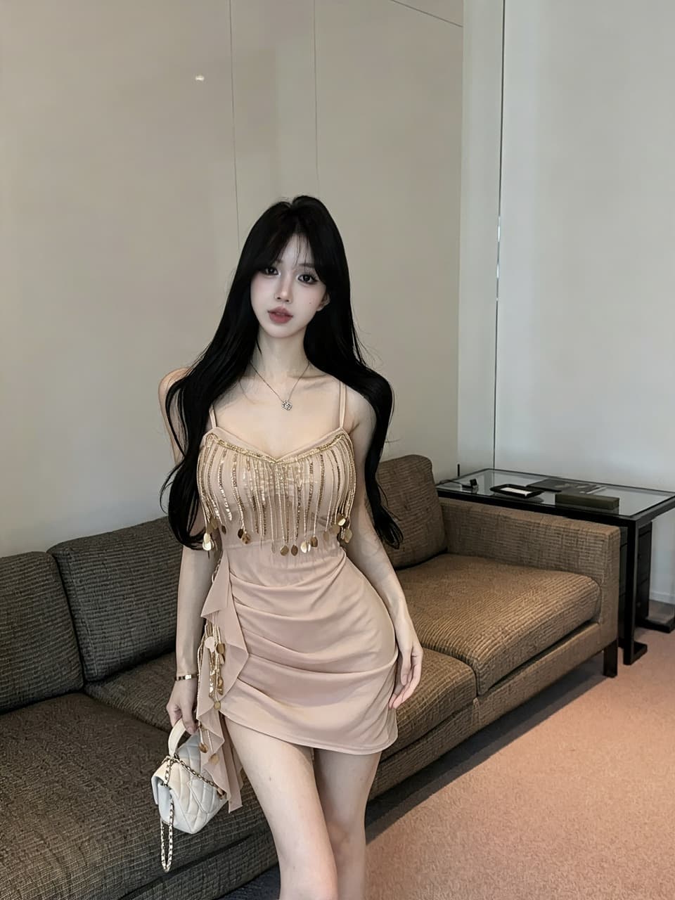 실사 쇼트 스타일 술 망사 슬립 드레스 상세 이미지 8
