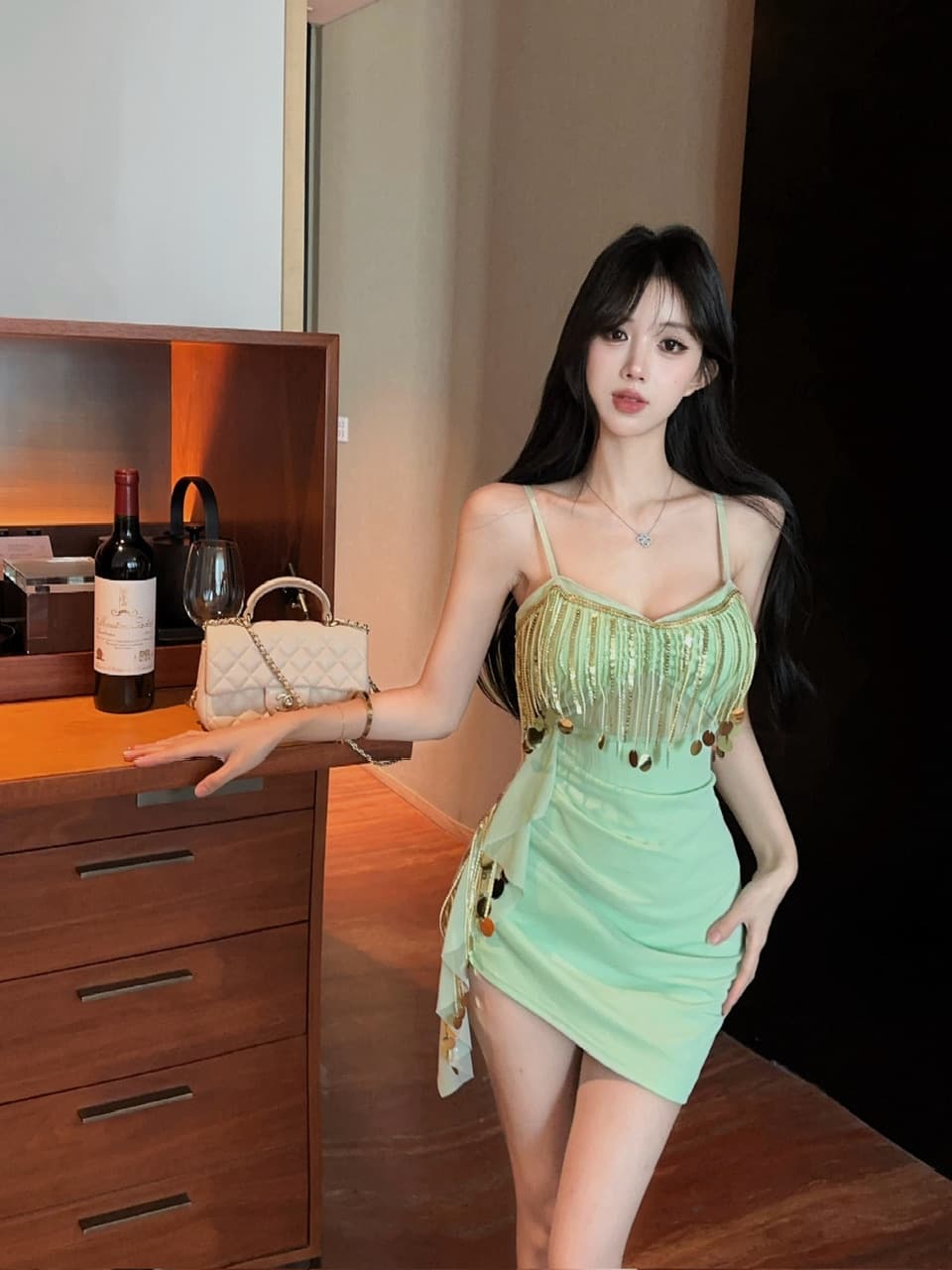 실사 쇼트 스타일 술 망사 슬립 드레스 상세 이미지 25