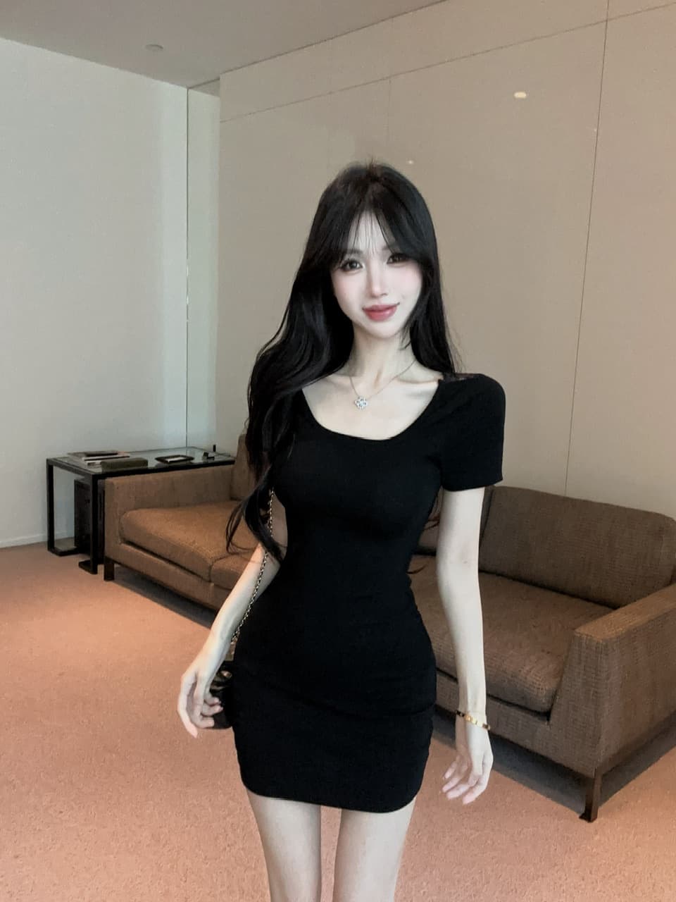 실사 반팔 면 소재 레이스 조각 타이트 스커트 드레스 상세 이미지 5