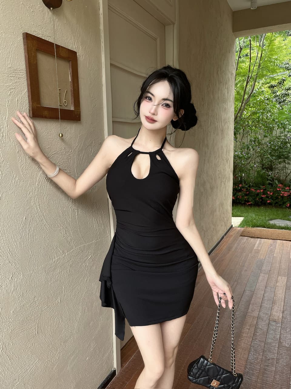 실사 쇼트 스타일 행침 목 드레스 상세 이미지 8