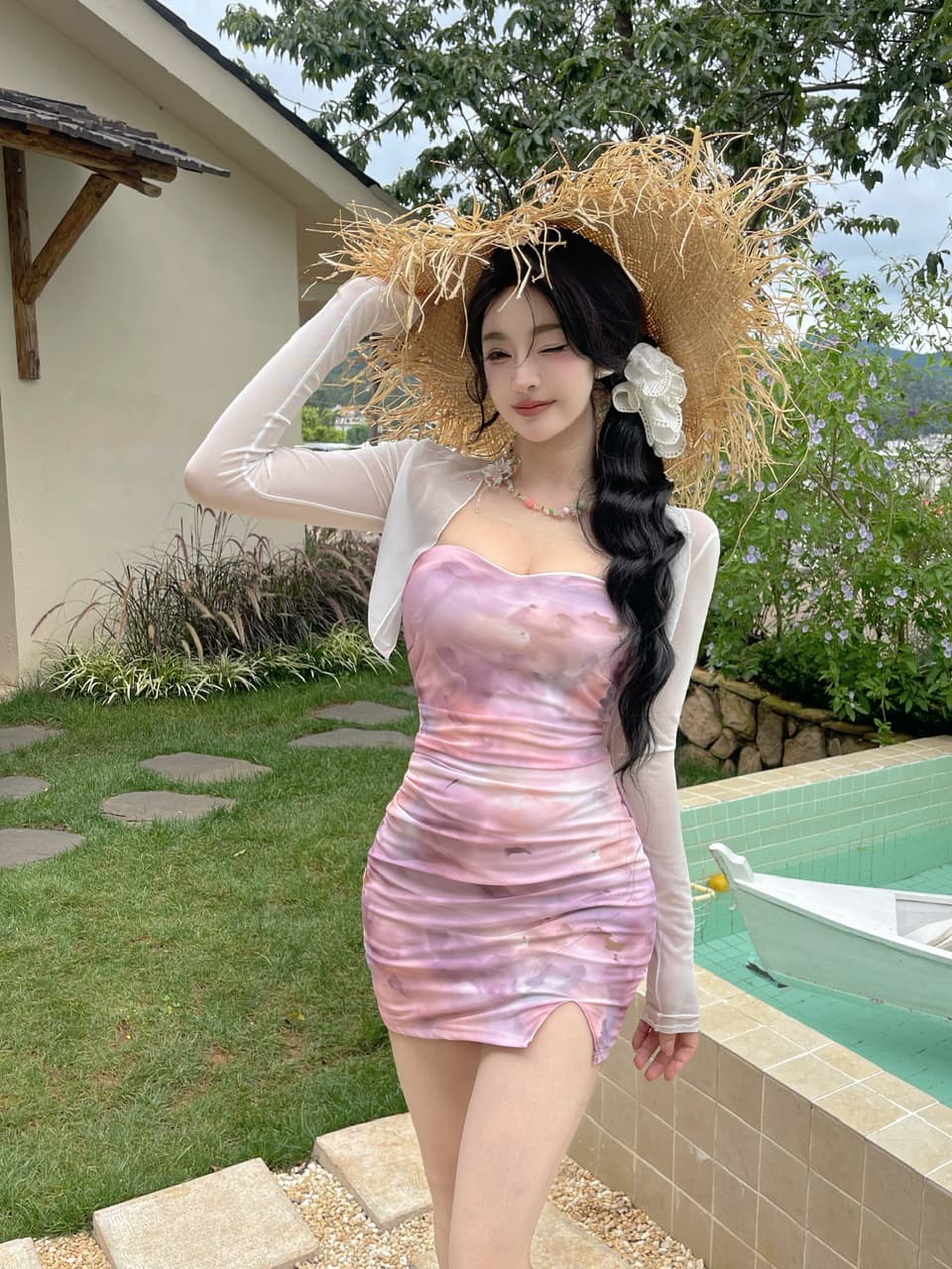 실사 망사 프린트 투피스 세트