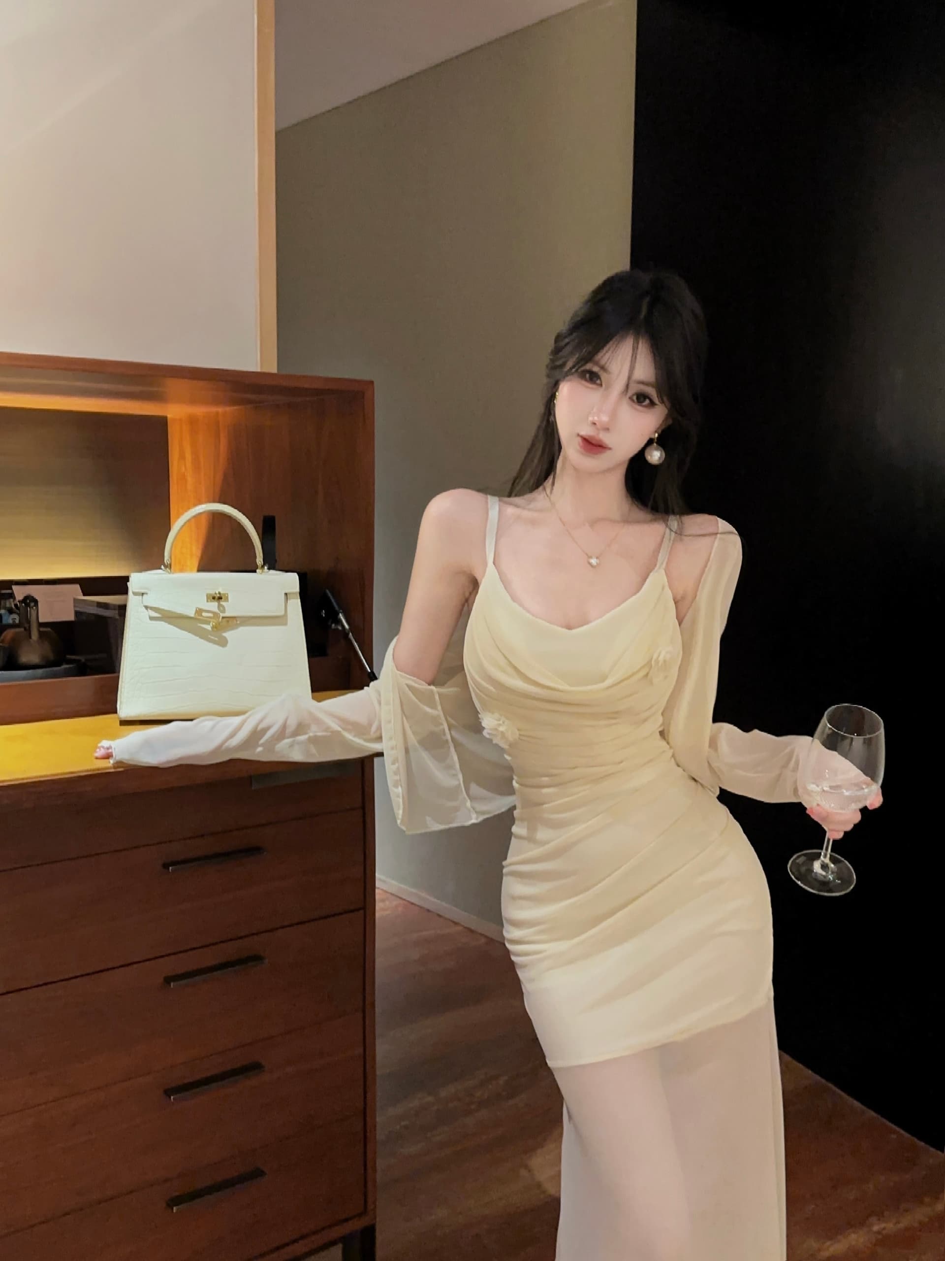 실사 두 조각 메쉬 세트 롱 스커트