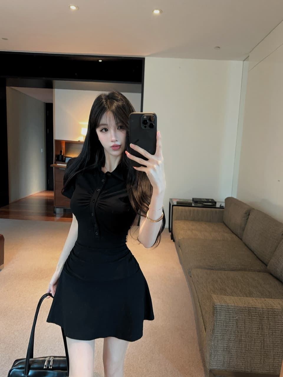 실사 면 소재 폴로 칼라 검정색 큰 진자 드레스 상세 이미지 5