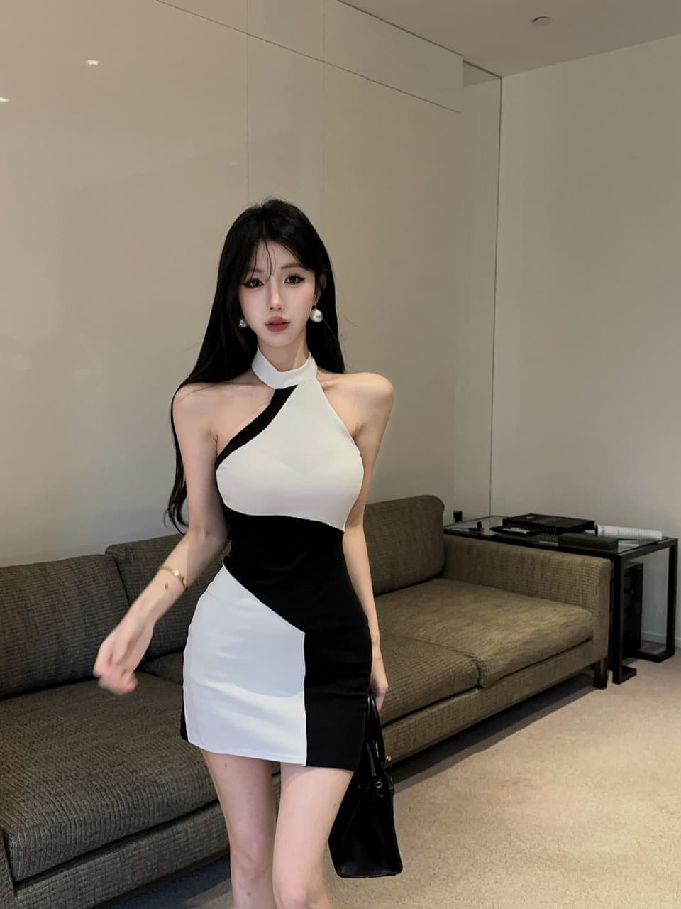 실사 면 소재 배색 드레스