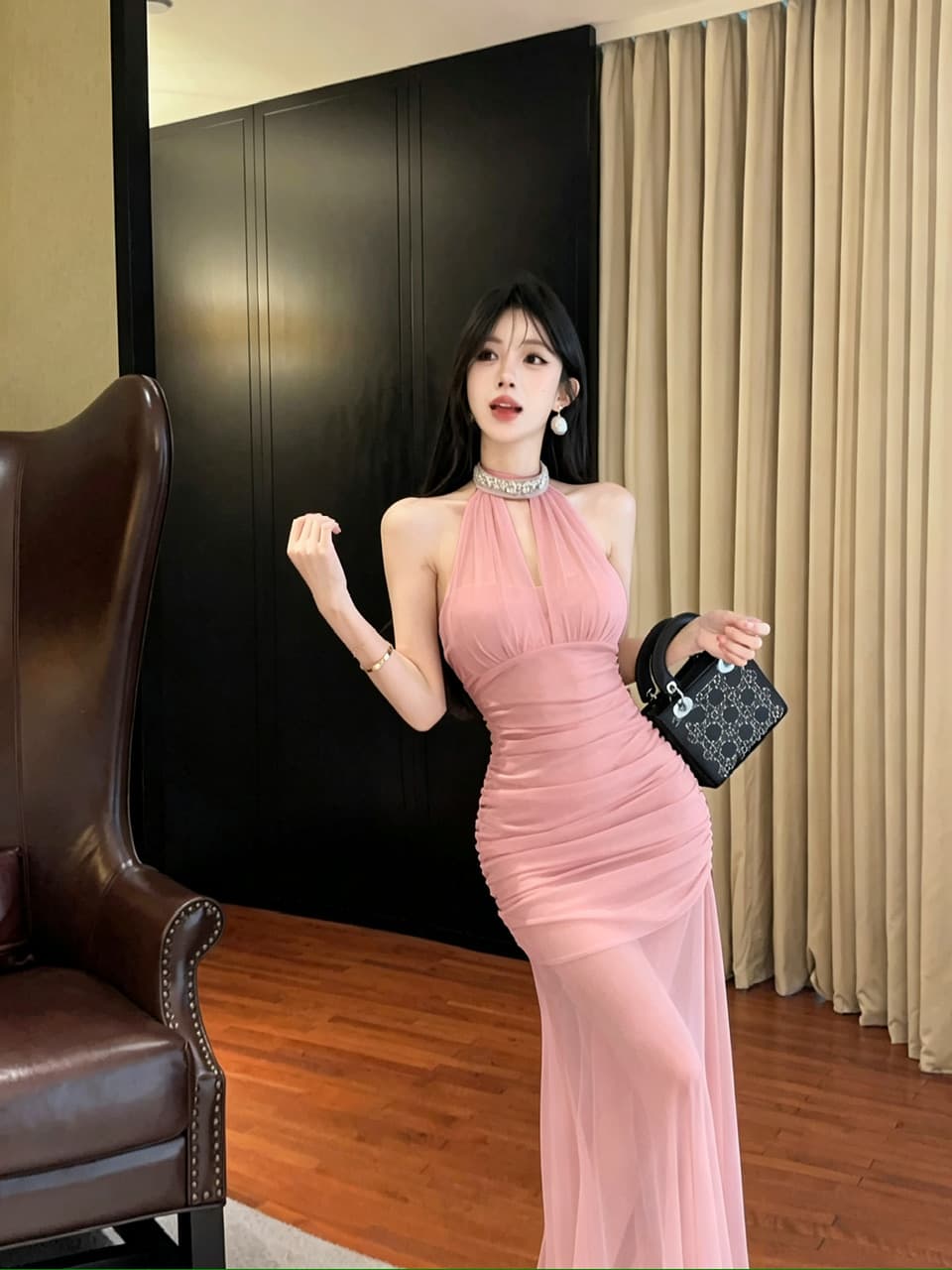 실사 롱 코트 망사 드레스 상세 이미지 16
