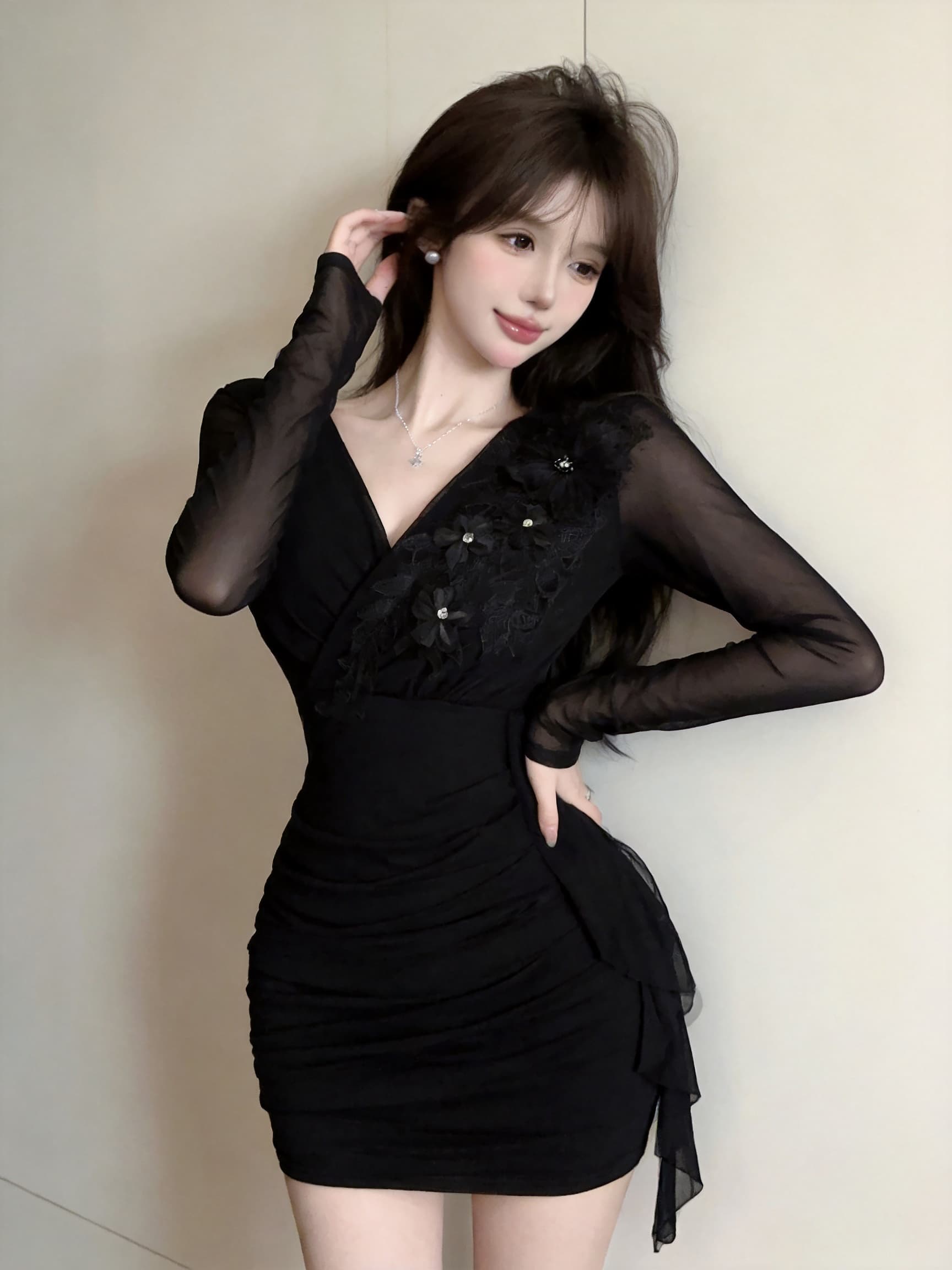 실사 긴팔 망사 드레스 상세 이미지 15