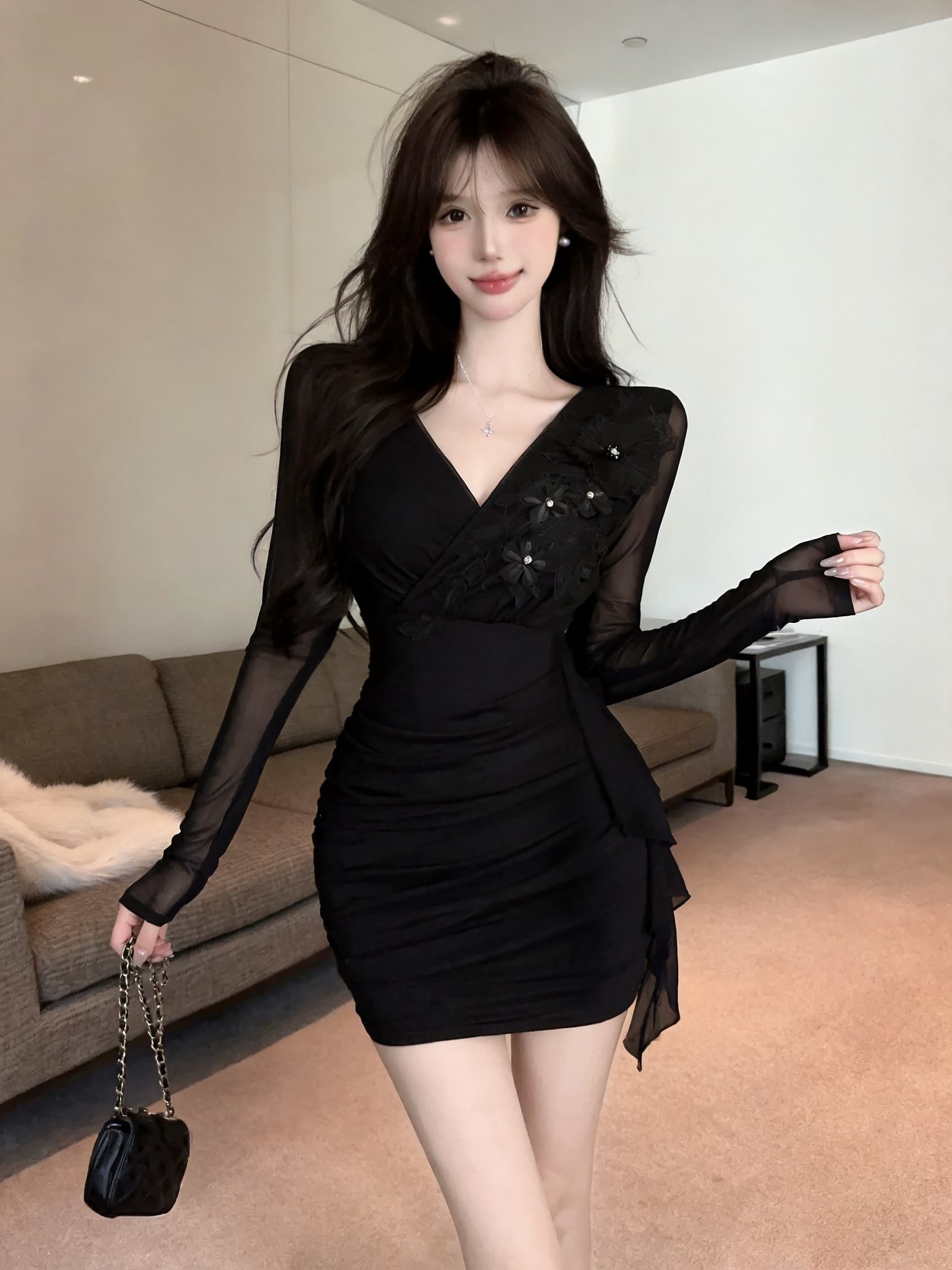 실사 긴팔 망사 드레스 상세 이미지 17