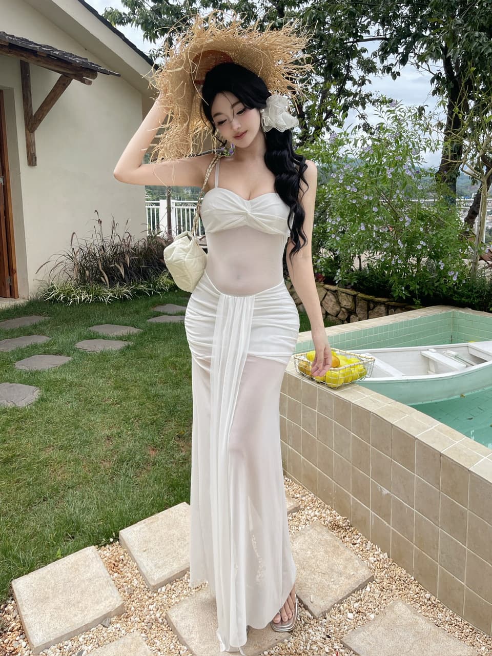 실사 롱 코트 시스루 망사 슬립 드레스 이미지 4