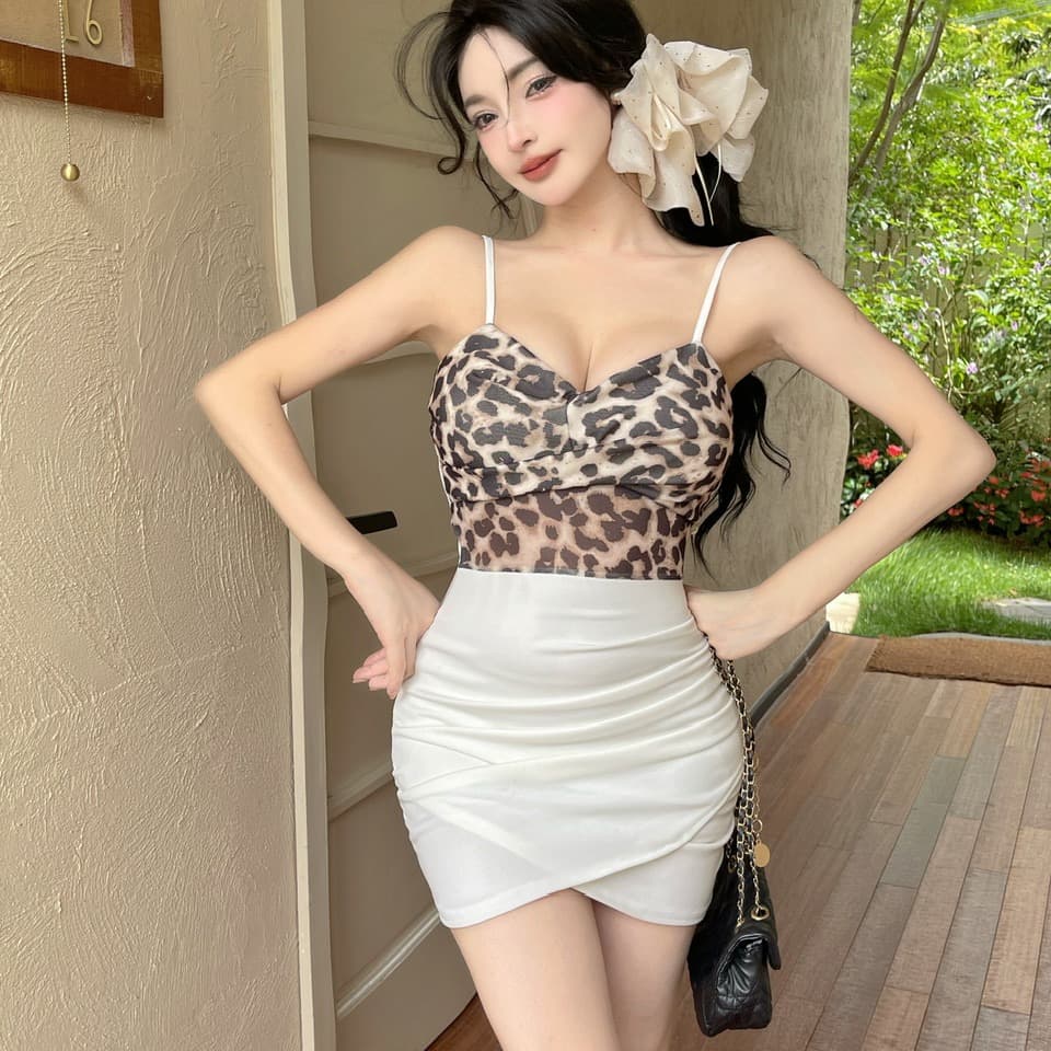 실사 레오파드 무늬 패치워크 망사 슬립 드레스 이미지 5