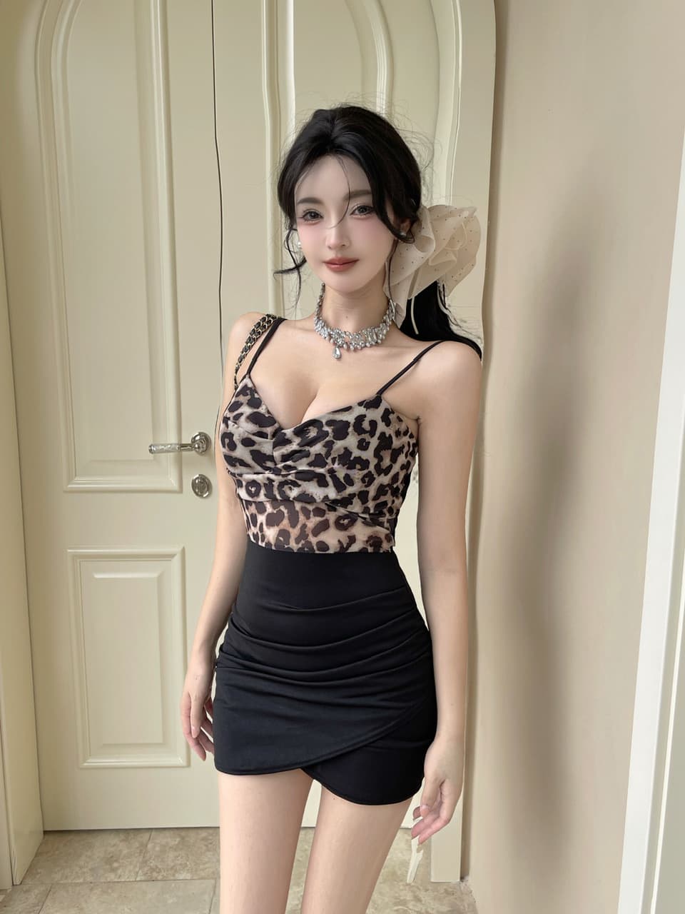 실사 레오파드 무늬 패치워크 망사 슬립 드레스 상세 이미지 3