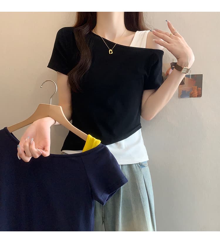 실사 2026 여름 드레스 새로운 지방 mm 빅 사이즈 여성 패션 디자인 센스 배색 오프숄더 Chic 반팔 티셔츠 상세 이미지 5