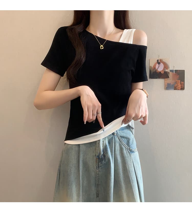 실사 2026 여름 드레스 새로운 지방 mm 빅 사이즈 여성 패션 디자인 센스 배색 오프숄더 Chic 반팔 티셔츠 상세 이미지 7