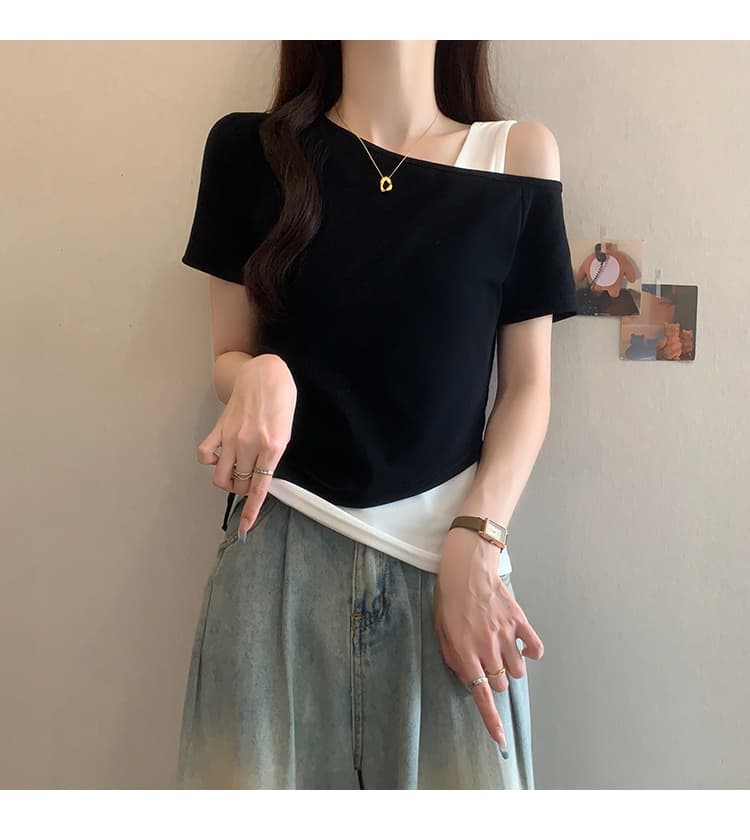 실사 2026 여름 드레스 새로운 지방 mm 빅 사이즈 여성 패션 디자인 센스 배색 오프숄더 Chic 반팔 티셔츠 상세 이미지 9