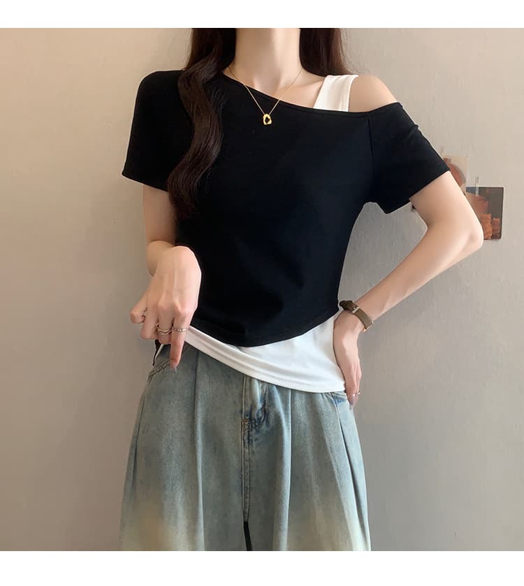 실사 2026 여름 드레스 새로운 지방 mm 빅 사이즈 여성 패션 디자인 센스 배색 오프숄더 Chic 반팔 티셔츠 상세 이미지 10